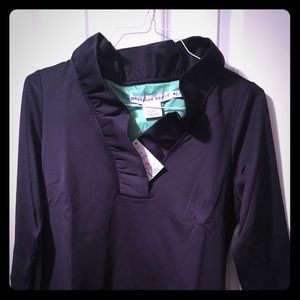 Gretchen Scott navy ruffle collar shirt M